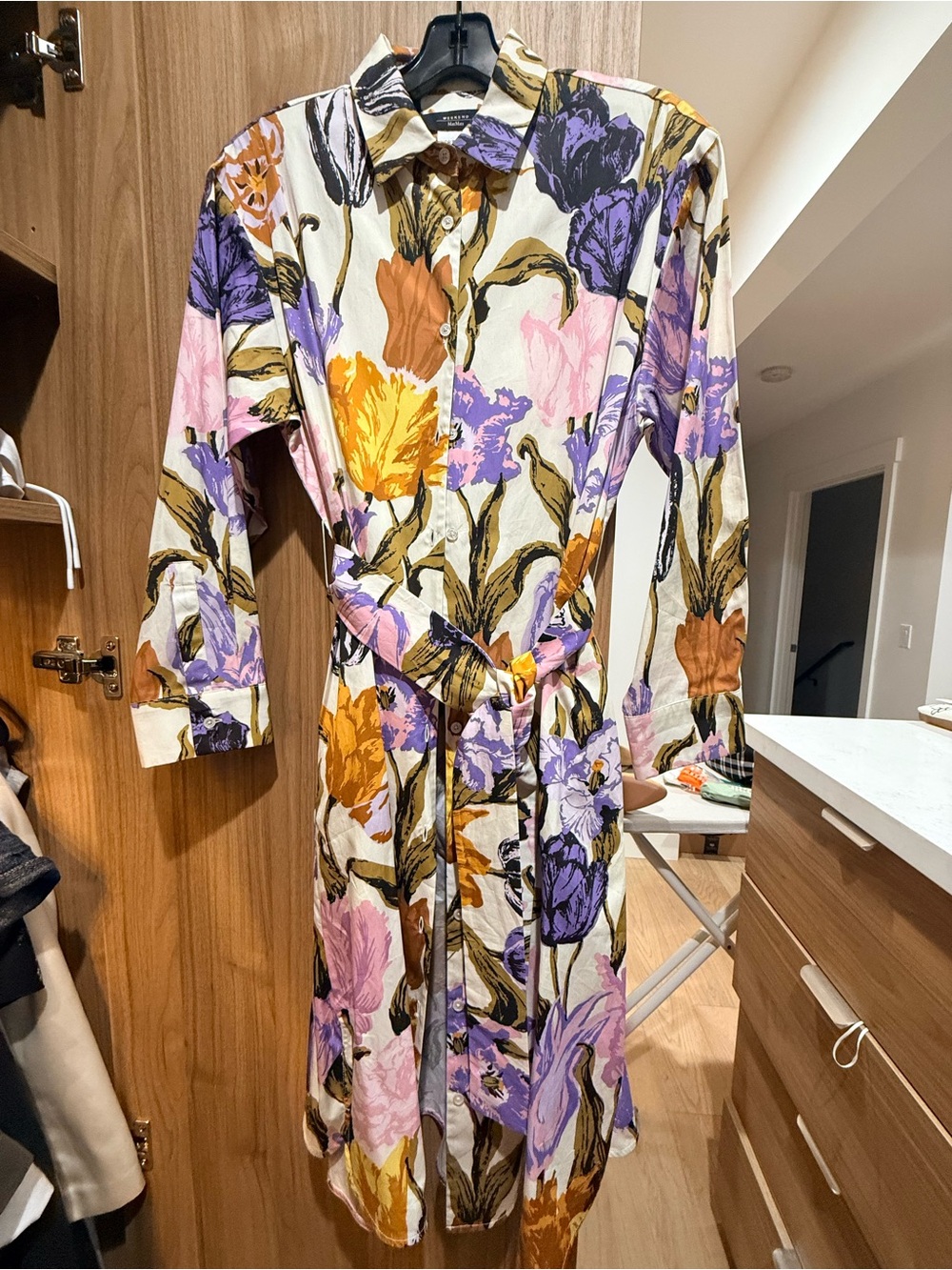 MaxMara Floral Tie-Waist Long Sleeve Shirt Dress in Cream, Purple & Yellow